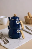 Sultan - Bambu Kulplu Emaye Çaydanlık Takımı Lacivert thumbnail 2