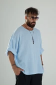 Mavi Müslin Kumaş Oversize Fakir Kol T-Shirt - 2