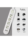 harry VEA 4'LÜ 1.5 METRE KABLOLU 3 USB'Lİ BEYAZ AKIM KORUMALI PRİZ BAKIR KABLO HARİCİ GÜÇ ANAHTARI - 1