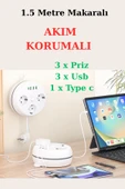 harry 3'Lü 1.5 Metre Makaralı Akım Korumalı 2500 Watt Çocuk Korumalı 3 Usb 1 Type c Girişli Üçlü Priz thumbnail 1