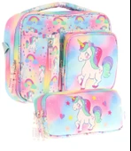 Kaukko Kids Kız Çocuk Çok Renkli Unicorn Baskılı Üç Bölmeli Thermo Beslenme Çantası ve Kalemlik Seti (L7243+L8243) thumbnail 1