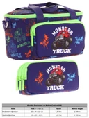 Kaukko (L7279+L8279) Beslenme Çantası (Isı Yalıtımlı) ve Kalem Çantası (Üç Bölme) Seti - Erkek Çocuk - Yeşil Lacivert Monster Truck thumbnail 2