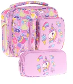 Kaukko Kids Kız Çocuk Lila Unicorn Üç Bölmeli Thermo Beslenme Çantası ve Kalemlik Seti (L7215+L8215) thumbnail 1
