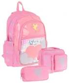 Kaukko Kids Kız Çocuk - Pembe Pullu Bulut Desenli - Okul Çanta Seti (Sırt Çantası+Beslenme Çantası+Kalemlik) - 1