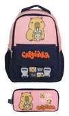 Capybara Kız Çocuk İlkokul Sırt Çantası ve İki Gözlü Kalemlik Seti - Lacivert - Pembe - SETCPB5203C thumbnail 2