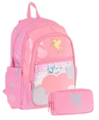 Kaukko Kids Kız Çocuk Okul Çantası ve Üç Bölmeli Kalemlik Seti (Pembe - Pullu Bulut ) - (L5218+L8218) thumbnail 1