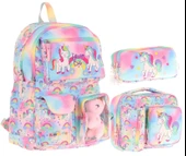 Kaukko Kids Kız Çocuk İlkokul Okul Çantası Seti - Peluş Unicornlu - Pembe (L5243+L7243+L8243) thumbnail 1