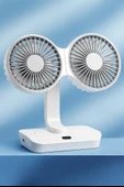 QASUL Şarjlı Çift Fanlı Vantilatör / Masaüstü Ayarlanabilir Fan / Salınım Özellikli ve LED Işıklı - 1