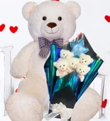 Premium 90 cm Peluş Ayı ve Yıldız Balonlu, Hologramlı Sunumda Beyaz Peluş Ayıcık Buketi thumbnail 6