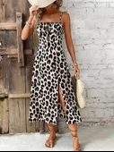 Lucky Life Kadın Askılı Yakadan Bağcıklı Yırtmaçlı Leopar Desenli Midi Süprem Elbise thumbnail 4