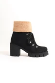 JET-EMMA Bağcıklı Fermuarlı Ortopedik Taban Topuklu Kürk Detaylı Süet Kadın Bot SST - Siyah thumbnail 6