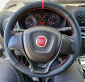 DİKİŞLİ DİREKSİYON KILIFI NOKTALI KARBON DERİ KIRMIZI YÜZÜK KIRMIZI DİKİŞ FIAT DOBLO İÇİN thumbnail 1