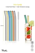 Straw 6'lı Renkli Cam Eğimli Isıya Dayanıklı (Borosilikat) Pipet Ve 1 Adet Pipet Temizleme Fırçası thumbnail 2