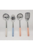 4'lü Çelik Kepçe Seti Kepçe Kevgir Kaşık Spatula 35cm Renkli Saplı thumbnail 4