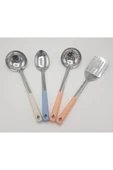 4'lü Çelik Kepçe Seti Kepçe Kevgir Kaşık Spatula 35cm Renkli Saplı thumbnail 1