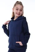 Basic Kapüşonlu Şardonlu Kanguru Cep Detaylı Çocuk Sweatshirt 3-10 Yaş Lacivert - 3