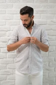 Slimfit Fit Yaka Düğmeli Çizgili Yazlık Gofre Kumaş Erkek Gömlek thumbnail 7