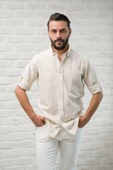 Slimfit Fit Yaka Düğmeli Çizgili Yazlık Gofre Kumaş Erkek Gömlek thumbnail 3