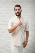 Slimfit Fit Yaka Düğmeli Çizgili Yazlık Gofre Kumaş Erkek Gömlek thumbnail 4
