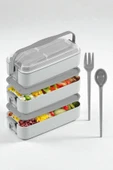 İronika 1260 ml 3 Katlı Kapaklı Çatal Bıçaklı Beslenme Kutusu Lunch Box Beslenme Kabı - Gri - 1
