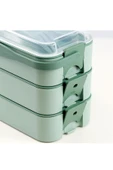 İronika 1260 ml 3 Katlı Kapaklı Çatal Bıçaklı Beslenme Kutusu Lunch Box Beslenme Kabı - Yeşil thumbnail 4