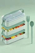 İronika 1260 ml 3 Katlı Kapaklı Çatal Bıçaklı Beslenme Kutusu Lunch Box Beslenme Kabı - Yeşil thumbnail 1