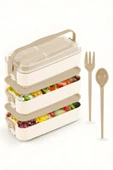 İronika 1260 ml 3 Katlı Kapaklı Çatal Bıçaklı Beslenme Kutusu Lunch Box Beslenme Kabı - Kahve - 1