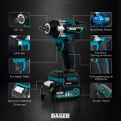 Dager BLAST 21V Kömürsüz Akülü Darbeli Somun Sıkma Makinesi - Çift 3.0Ah Akü + Mandren + Lokma + 45 Parça Full Set - 450 Nm Tork - 9