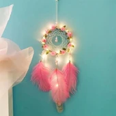 İpek Yıldızı® El Yapımı Kuş Tüyü ve Led Işıklı Dekoratif Asma Düş Rüya Kapanı - 3