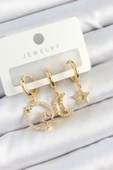 Pirinç Zirkon Taşlı Yıldız Ve Ay Model Gold Renk 3 lü Çift Kadın Küpe Set - 1