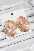 Pirinç Mermer Desenlli Pembe Sedef Oval Vintage Model Gold Renk Kadın Küpe - 1