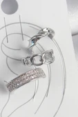Pirinç Gümüş Renk Zirkon Taşlı 3 Lü Zincir Sarmal Model Kadın Kıkırdak Küpe - 1