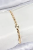 Pirinç Zirkon Taşlı Ezme Zincirli Kalp Model Gold Renk Kadın Bilekilk - 1