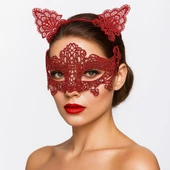Romantik Kırmızı Dantel Maske Seti - Kedi Kulaklı Taç ve Maske No 3 - 1