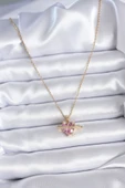 Çelik Gold Renk Zincir Pembe Kristal Kalp Model Zirkon Taş Detay Kadın Kolye - 2