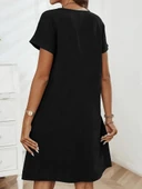 Lucky Life Kadın Kısa Kollu Yakası Açık Fermuarlı Cep Detaylı Ithal Keten Elbise thumbnail 1