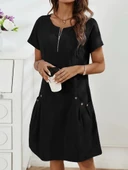 Lucky Life Kadın Kısa Kollu Yakası Açık Fermuarlı Cep Detaylı Ithal Keten Elbise thumbnail 2