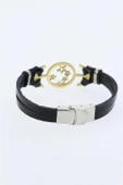 Gold Renk Yıldız Figürlü Metal Aksesuarlı Siyah Renk Deri Erkek Bileklik - 2