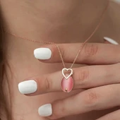 ​Gümüş Pembe Kedi Gözü Taşlı Kalp Kolye thumbnail 3