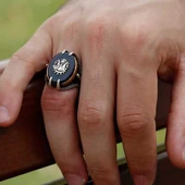 Gümüş Siyah Taşlı Kartal Pençesi Osmanlı Devlet Arması Erkek Yüzük thumbnail 2