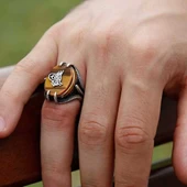 Gümüş Kaplan Gözü Taşlı Tuğralı Erkek Yüzük thumbnail 2