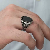 ​Gümüş Oniks Taşlı Desenli Erkek Yüzük thumbnail 3
