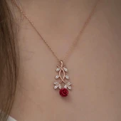 ​Gümüş Rose Kırmızı Gül Kolye thumbnail 3