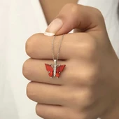 Gümüş Kırmızı Kaplangözü Taşlı Kelebek Kolye thumbnail 5