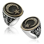 Gümüş Göktürkçe alfabesi Yazılı Ay Yıldız Erkek Yüzük thumbnail 1