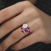 Gümüş Rose Mor Yapraklı Bahar Çiçeği Yüzük thumbnail 3