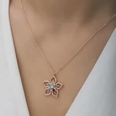 ​Gümüş Rose Renkli Taşlı Çiçek Kadın Kolye thumbnail 4