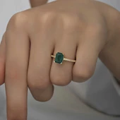 Gümüş Gold Yeşil Baget Taşlı Kadın Yüzük thumbnail 2