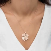 Gümüş Rose Dört Yaprak Rose Yonca Bayan Kolye thumbnail 2