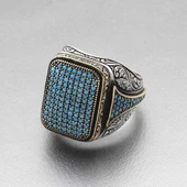 Gümüş Turkuaz Zirkon Taşlı Kare Erkek Yüzük thumbnail 3